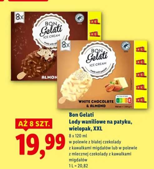 Lody waniliowe na patyku w białej czekoladzie z kawałkami migdałów