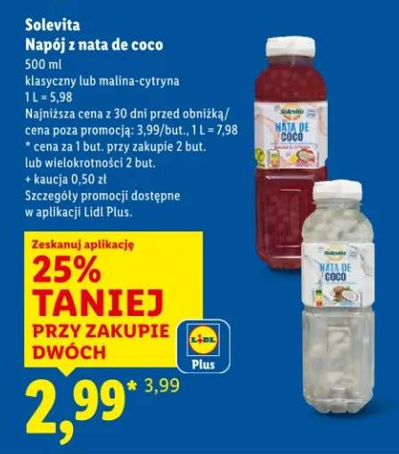 Napój z nata de coco klasyczny lub malina-cytryna