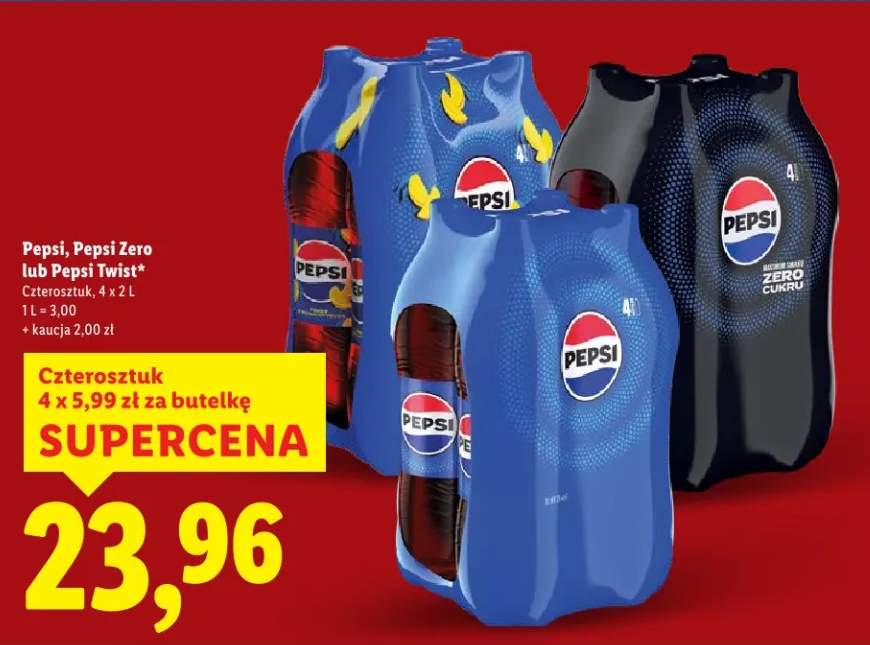 Napój gazowany Pepsi, Pepsi Zero lub Pepsi Twist, czteroszutk 4x2l