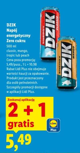 Napój energetyczny Zero cukru Dzik classic, mango, tropic lub peach