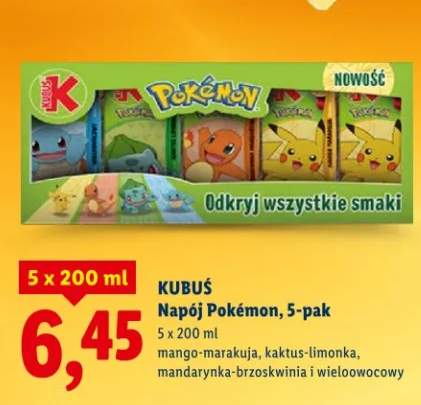 Napój Pokémon, 5-pak mango-marakuja, kaktus-limonka, mandarynka-brzoskwinia i wieloowocowy