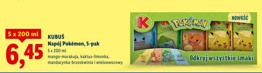 Napój Pokémon, 5-pak mango-marakuja, kaktus-limonka, mandarynka-brzoskwinia i wieloowocowy
