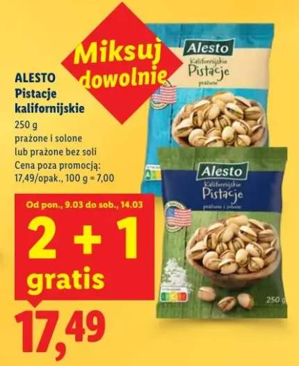 Pistacje kalifornijskie, prażone i solone lub prażone bez soli