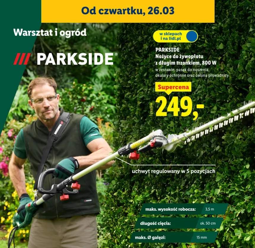 Nożyce do żywopłotu z długim trzonkiem, 800 W