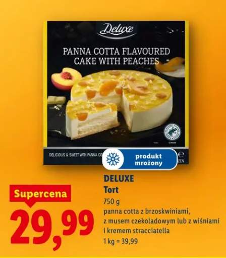 Tort panna cotta z brzoskwiniami, z musem czekoladowym lub z wiśniami i kremem stracciatella