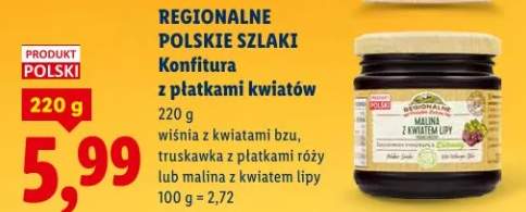 Konfitura z płatkami kwiatów wiśnia z kwiatami bzu, truskawka z płatkami róży lub malina z kwiatem lipy