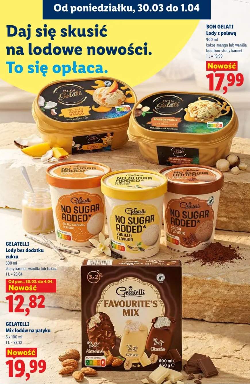 Lody z polewą kokos-mango lub wanilia bourbon-słony karmel