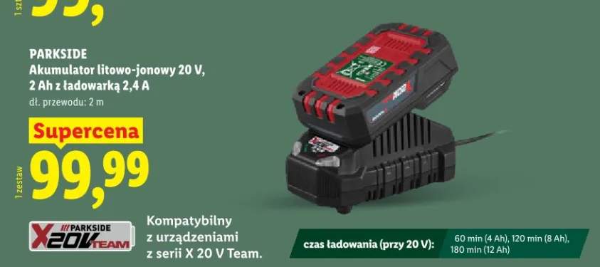 Akumulator litowo-jonowy 20V, 2Ah z ładowarką 2,4A