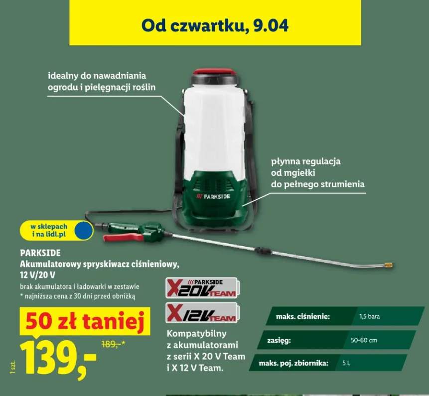 Akumulatorowy spryskiwacz ciśnieniowy 12V/20V