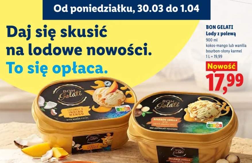 Lody z polewą kokos-mango lub wanilia bourbon-słony karmel