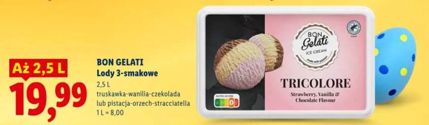 Lody 3-smakowe truskawka-wanilia-czekolada lub pistacja-orzech-stracciatella
