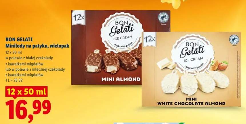 Minilody na patyku, wielopak w polewie z białej czekolady z kawałkami migdałów lub w polewie z mlecznej czekolady z kawałkami migdałów