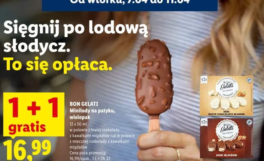 Lody Minilodziki na patyku, wielopak w polewie z białej czekolady z kawałkami migdałów lub w polewie z mlecznej czekolady z kawałkami migdałów