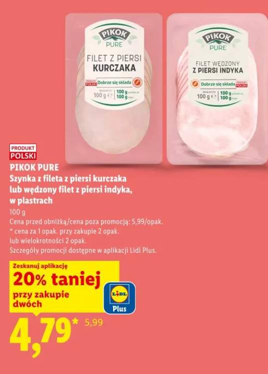 Szynka z fileta z piersi kurczaka lub wędzony filet z piersi indyka, w plastrach