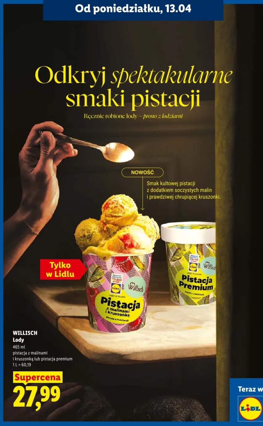 Lody pistacja z malinami i kruszonką