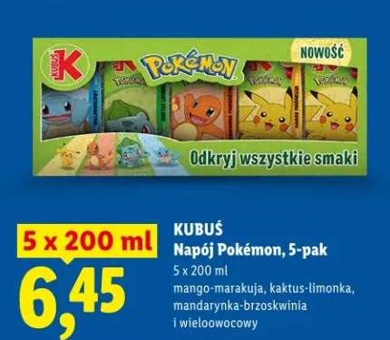 Napój Pokémon, 5-pak mango-marakuja, kaktus-limonka, mandarynka-brzoskwinia i wieloowocowy