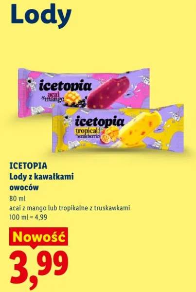 Lody z kawałkami owoców acai z mango lub tropikalne z truskawkami