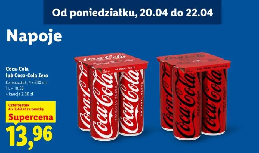 Napój gazowany Coca-Cola lub Coca-Cola Zero