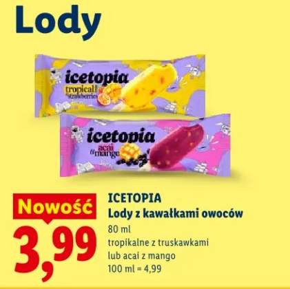 Lody z kawałkami owoców tropikalne z truskawkami lub acai z mango