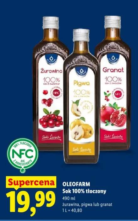 Sok 100% tłoczony żurawina, pigwa lub granat