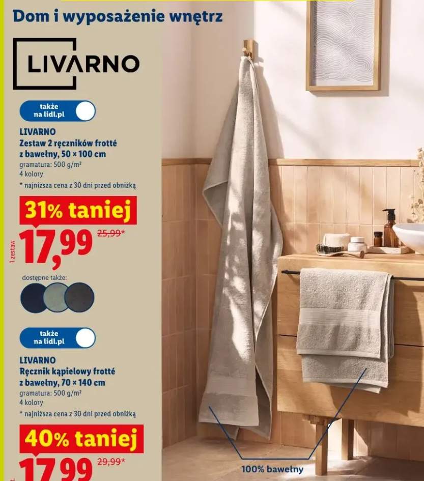 Ręcznik kąpielowy frotté z bawełny Livarno 70x140cm