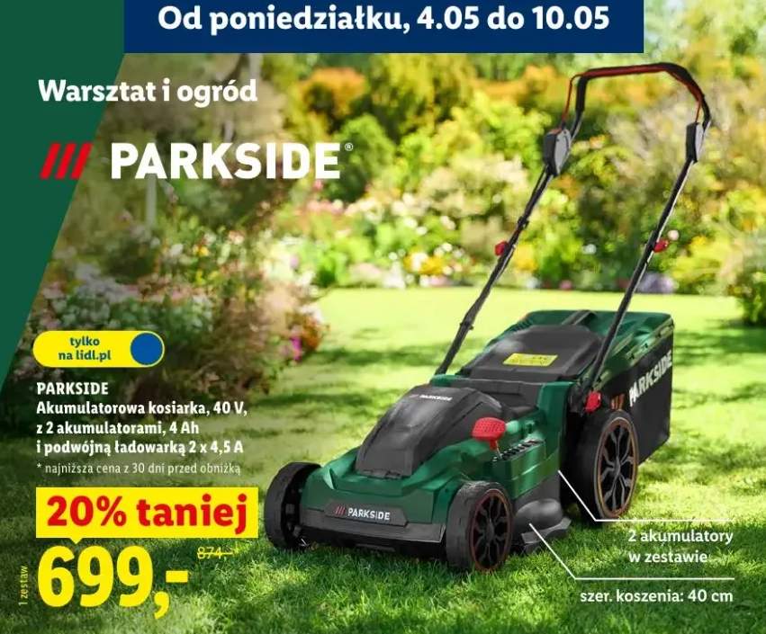 Akumulatorowa kosiarka Parkside 40V z 2 akumulatorami 4Ah i podwójną ładowarką 2x4,5A