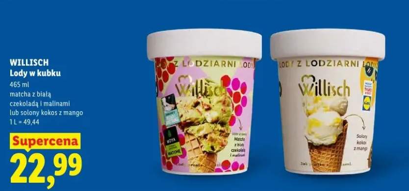 Lody w kubku Willisch matcha z białą czekoladą i malinami