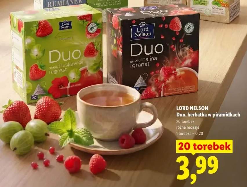Herbatka w piramidkach Lord Nelson Duo smak truskawka i agrest