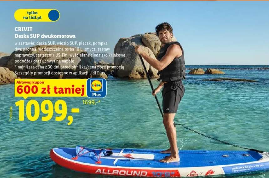 Deska SUP dwukomorowa Crivit 320x84x15cm z wiosłem regulowanym plecakiem pompką i akcesoriami