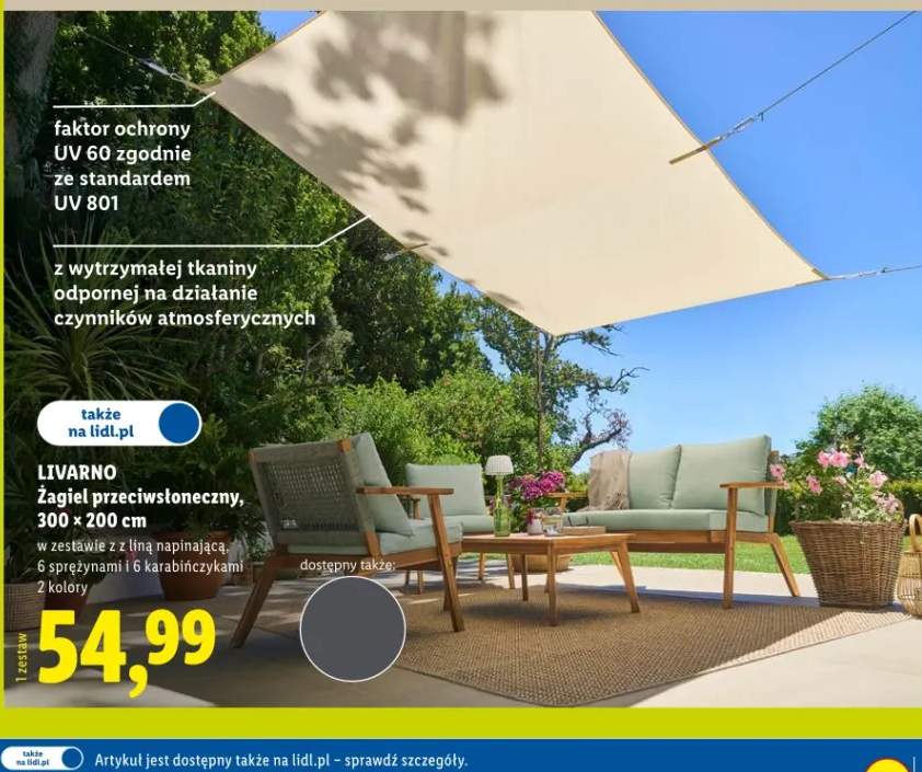 Żagiel przeciwsłoneczny Livarno 300x200cm w zestawie z liną napinającą 6 sprężynami i 6 karabińczykami 2 kolory
