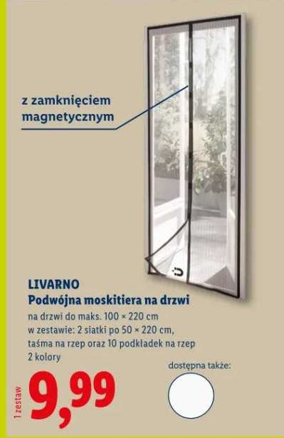 Podwójna moskitiera na drzwi Livarno na drzwi do maks. 100x220cm w zestawie 2 siatki po 50x220cm taśma na rzep oraz 10 podkładek na rzep 2 kolory