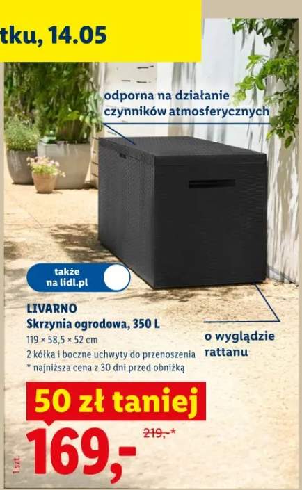 Skrzynia ogrodowa Livarno 350l 119x58,5x52cm o wyglądzie rattanu 2 kółka i boczne uchwyty do przenoszenia