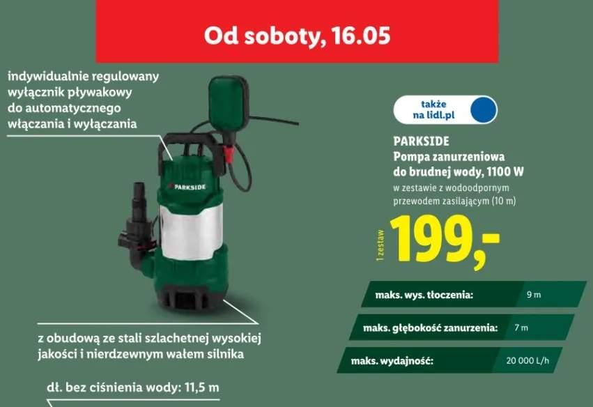 Pompa zanurzeniowa do brudnej wody Parkside 1100W w zestawie z wodoodpornym przewodem zasilającym (10m)