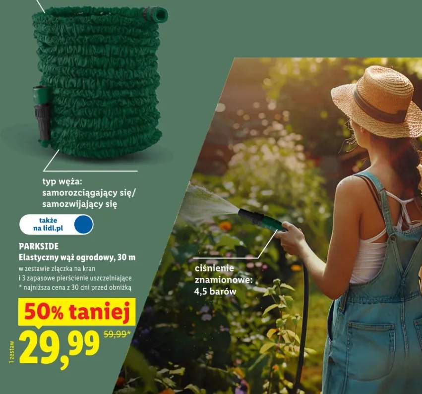Elastyczny wąż ogrodowy Parkside 30m w zestawie ze złączką na kran i 3 zapasowymi pierścieniami uszczelniającymi