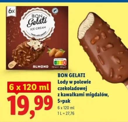 Lody Bon Gelati w polewie czekoladowej z kawałkami migdałów 5-pak