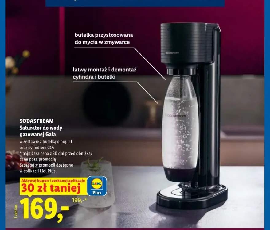 Saturator do wody gazowanej Gaia w zestawie z butelką 1l oraz cylindrem CO2 Sodastream