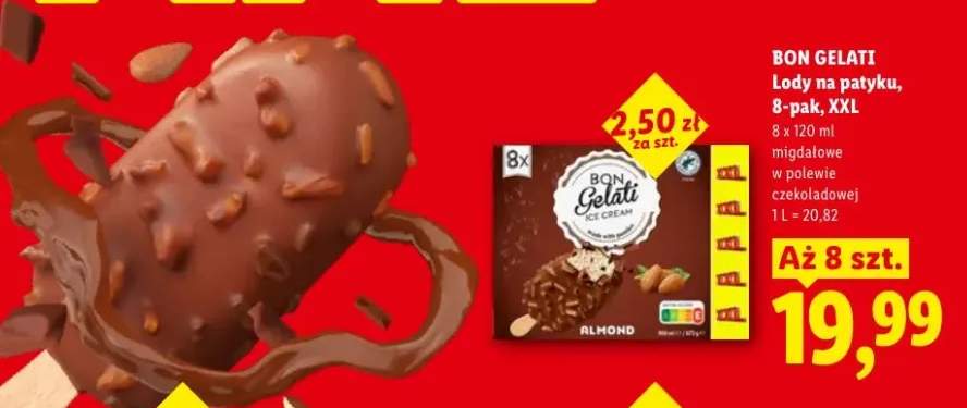 Lody na patyku migdałowe w polewie czekoladowej BON GELATI 8-pak XXL