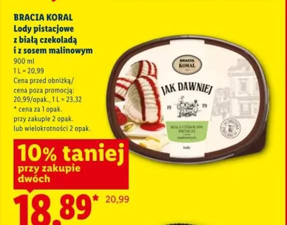 Lody pistacjowe z białą czekoladą i z sosem malinowym Bracia Koral
