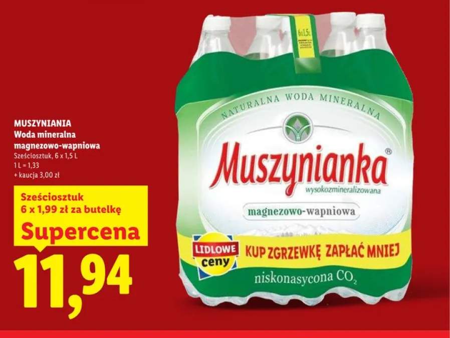 Woda mineralna magnezowo-wapniowa niskonasycona CO2 Muszynianka 6-pak 1,5l