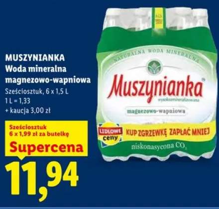 Woda mineralna magnezowo-wapniowa MUSZYNIANKA niskonasycona CO2 6-pak 1,5l
