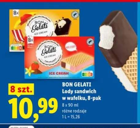Lody sandwich w wafelku Bon Gelati 8-pak 90ml