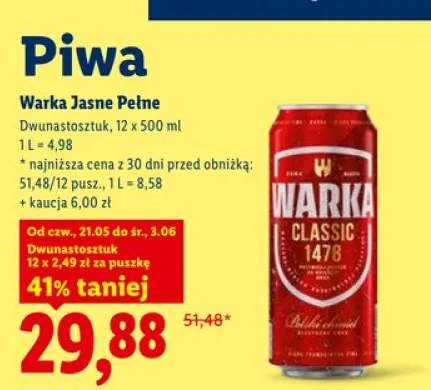 Piwo Warka Jasne Pełne 12-pak 500ml