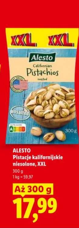 Pistacje kalifornijskie niesolone XXL Alesto