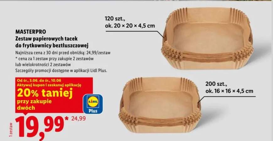 Zestaw papierowych tacek do frytkownicy beztłuszczowej MASTERPRO 16x16x4,5cm