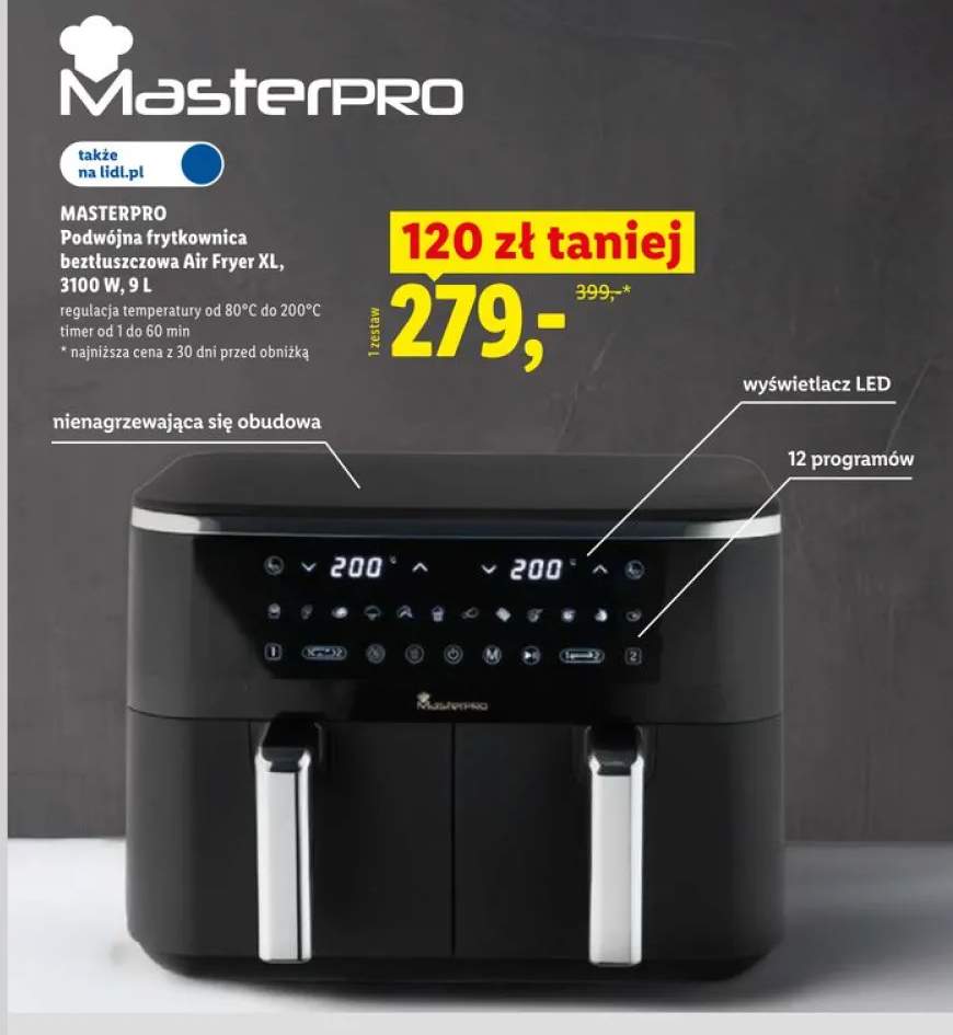 Podwójna frytkownica beztłuszczowa Air Fryer XL MASTERPRO 3100W 9l