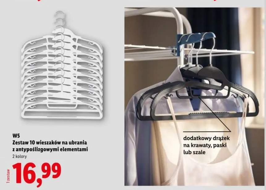 Wieszaki na ubrania z antypoślizgowymi elementami i dodatkowym drążkiem W5 10-pak