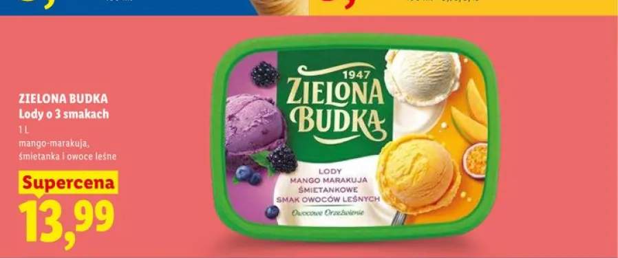 Lody o 3 smakach mango-marakuja, śmietanka i owoce leśne Zielona Budka