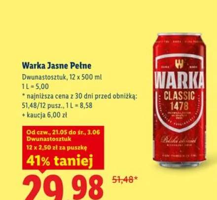 Piwo Warka Jasne Pełne 12-pak 500ml