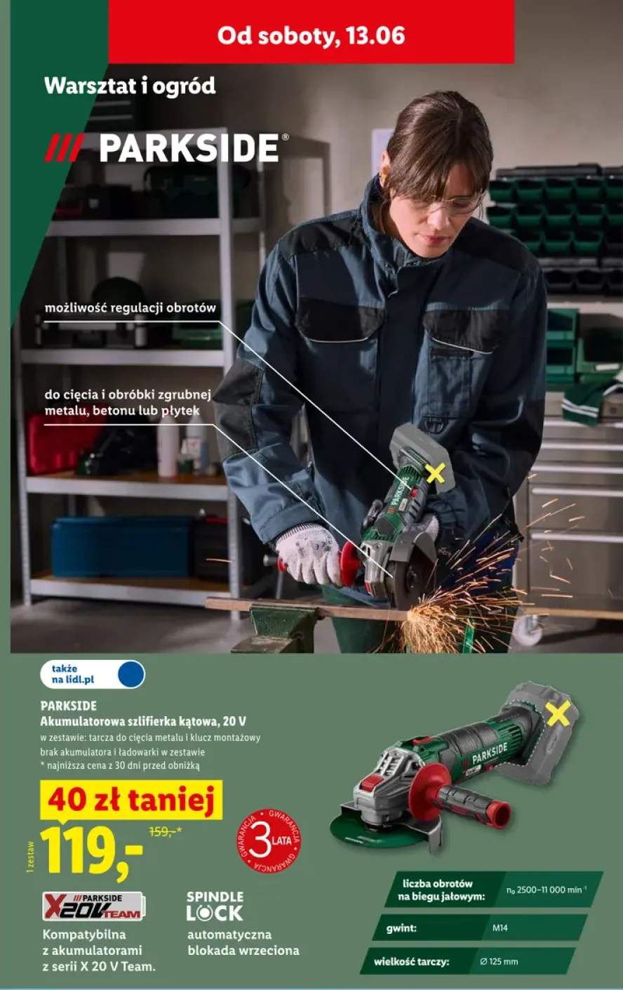 Akumulatorowa szlifierka kątowa 20V PARKSIDE
