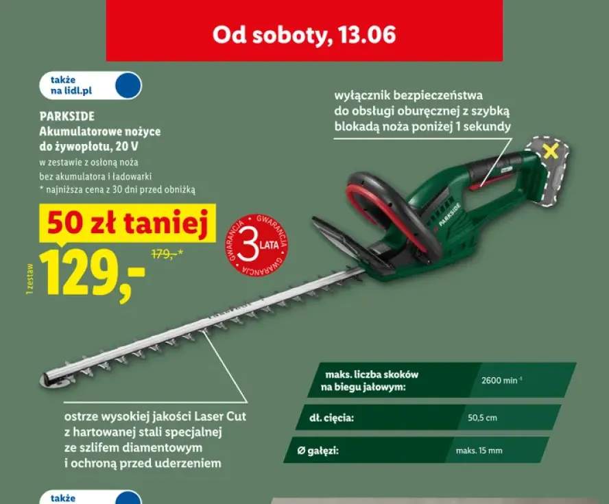 Akumulatorowe nożyce do żywopłotu PARKSIDE 20V